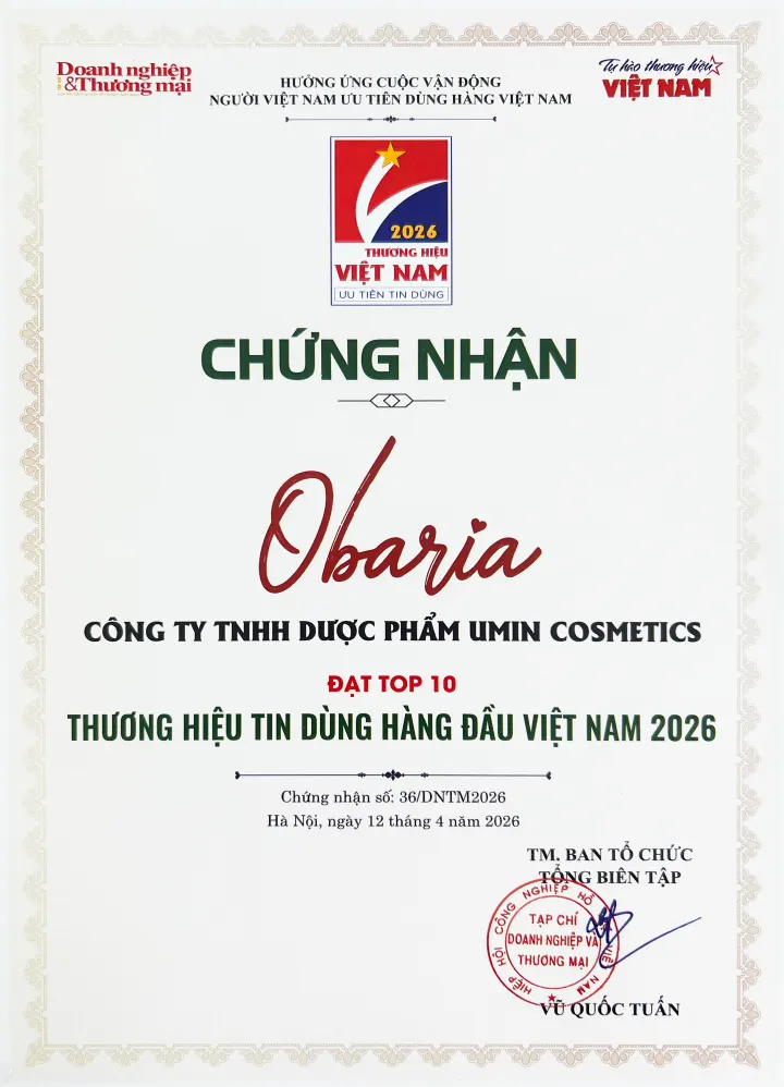 Chứng nhận Obaria đạt Top 10 Thương hiệu Tin dùng Việt Nam 2026